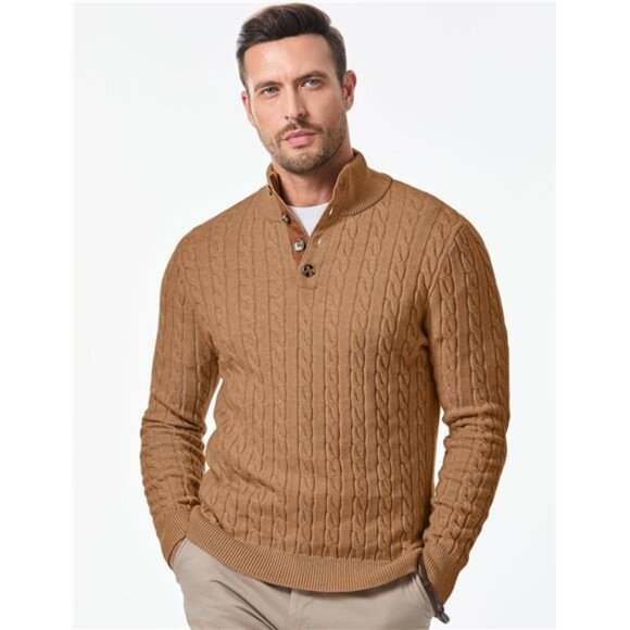 NEW Men's Cable Knit Pullover Sweater Casual Long Sleeve Stand Collar - Picture 3 of 6